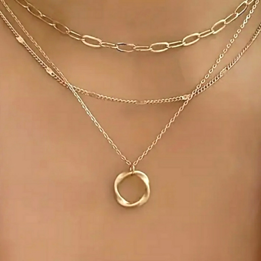 NEW Gold Multi-layered Chain Necklace with Circle Pendant